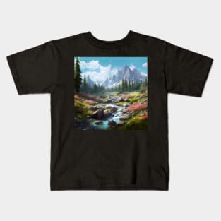 Natural Ecstasy: Enchanting Panoramic View of Mountains, Streams and Trees in a Magical World Kids T-Shirt